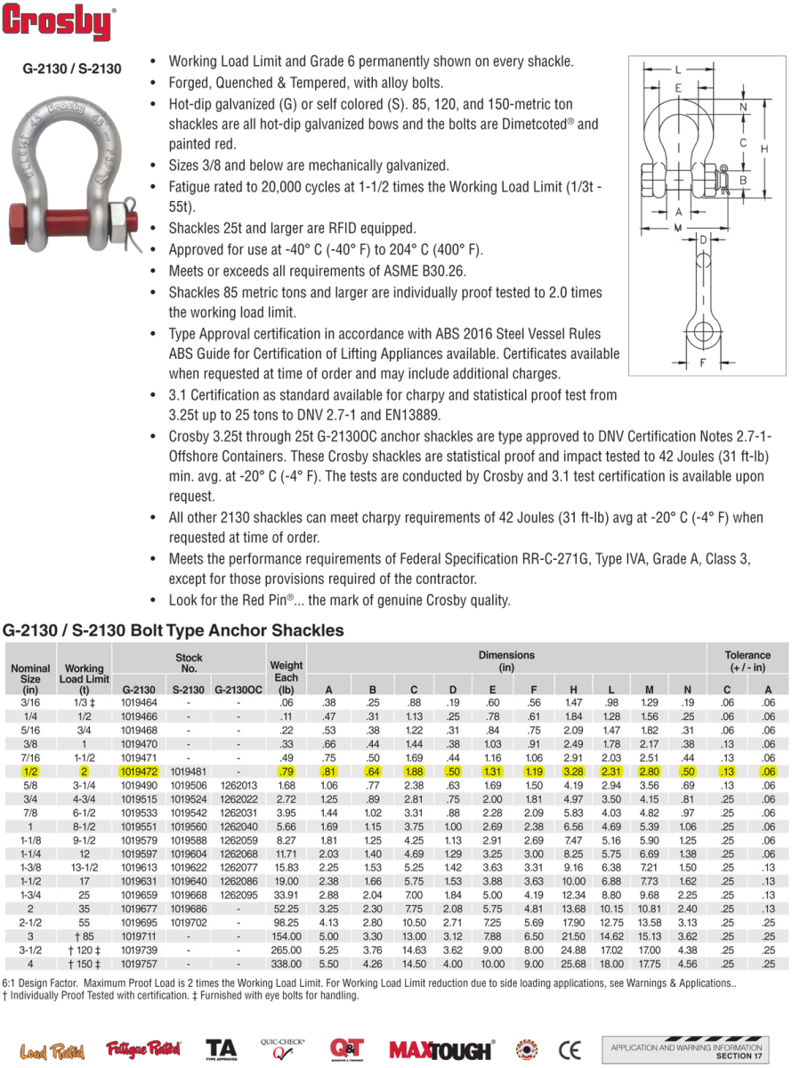 1/2 inch Crosby G2130 Load Rated Bolt Type Anchor Shackles Wesco